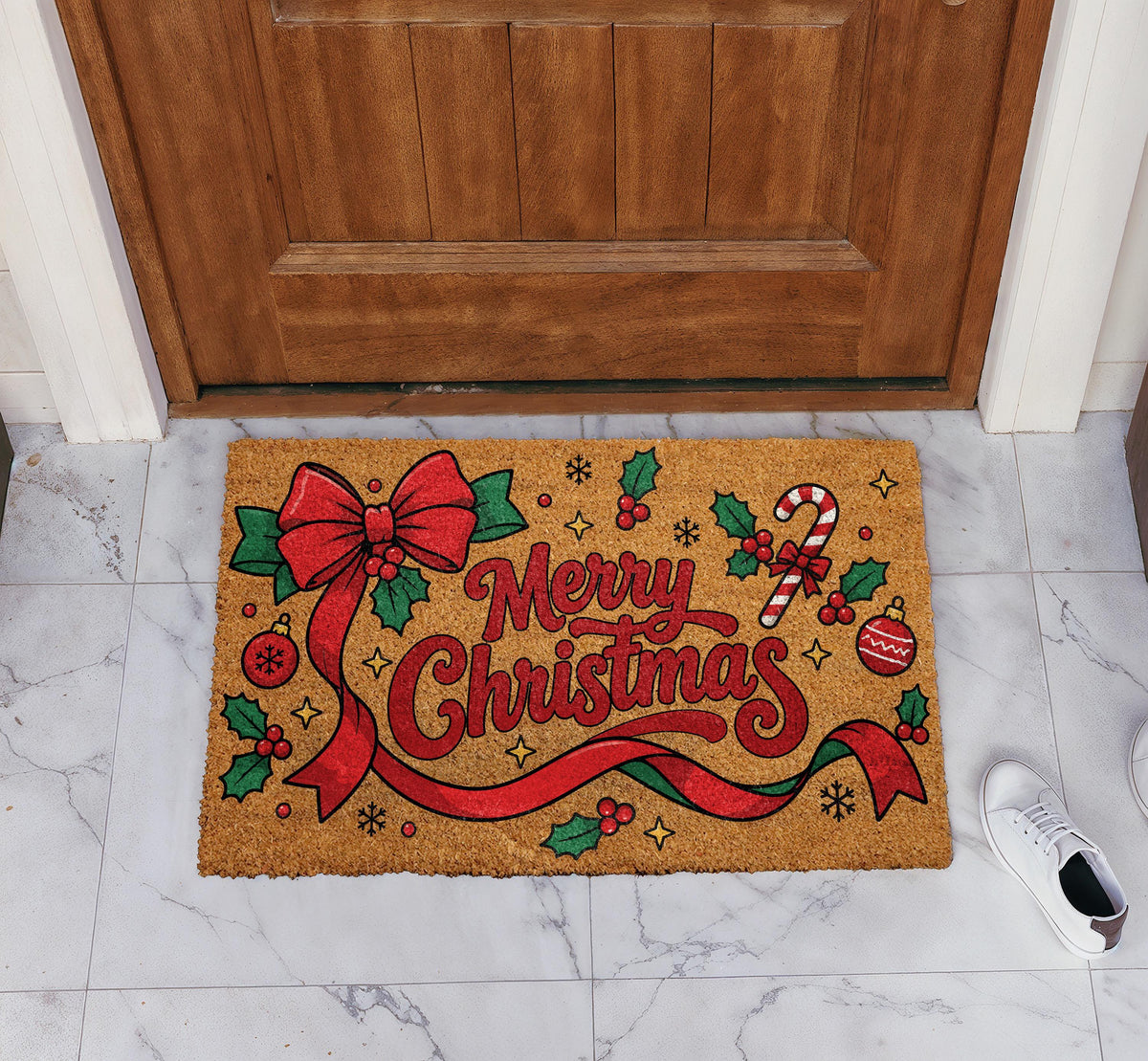 Red Ribbon Bow Holiday Doormat, Aesthetic Merry Christmas Welcome Mat