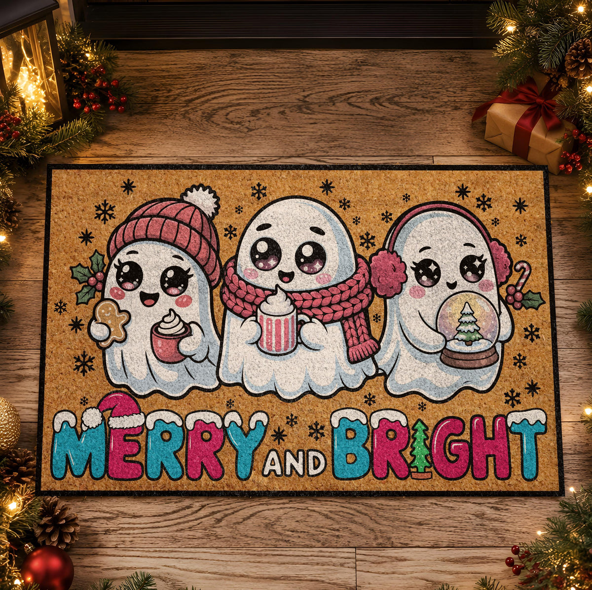 Winter Ghosts Christmas Doormat, Merry and Bright Holiday Welcome Mat