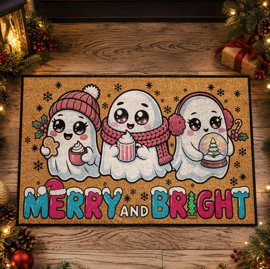 Winter Ghosts Christmas Doormat, Merry and Bright Holiday Welcome Mat