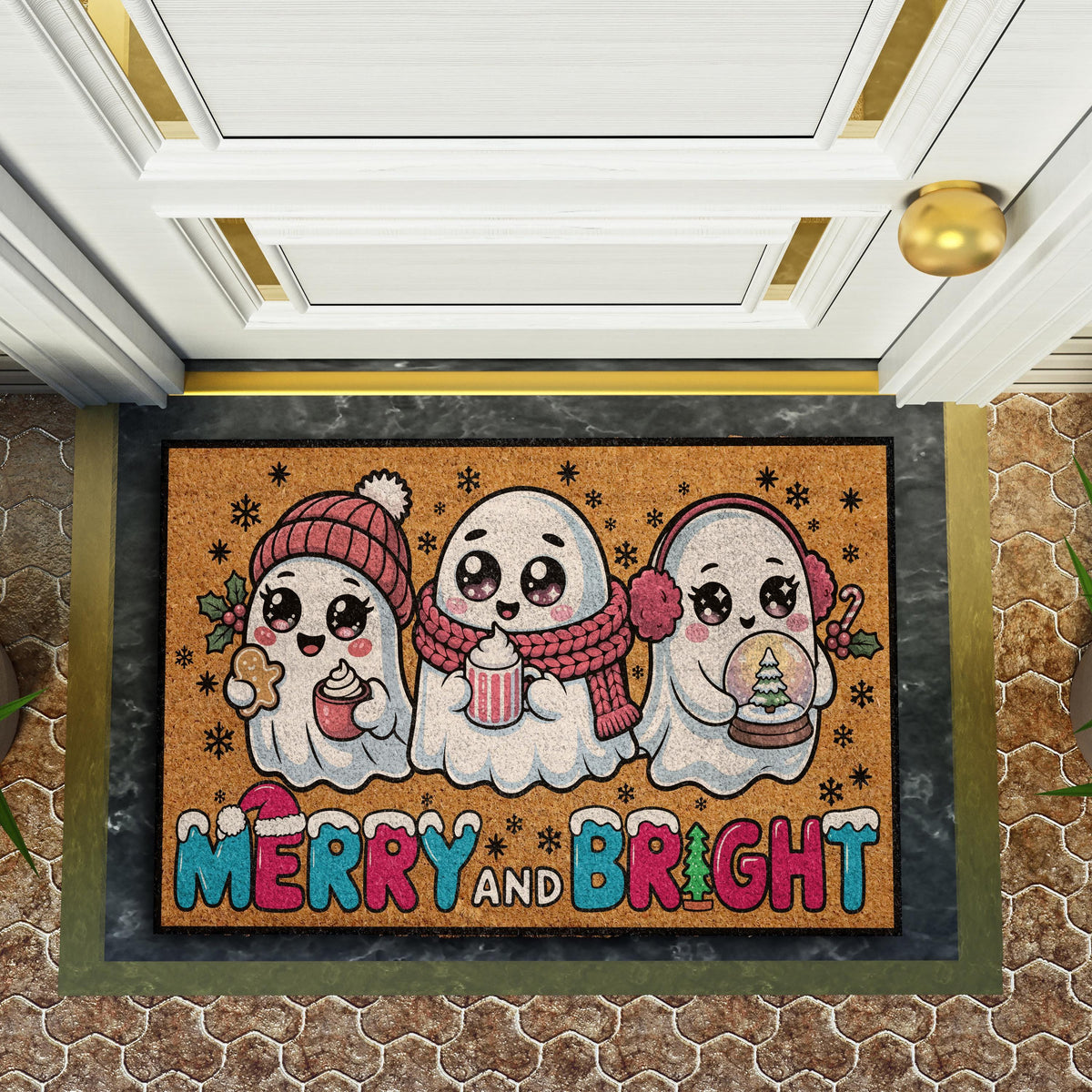 Winter Ghosts Christmas Doormat, Merry and Bright Holiday Welcome Mat