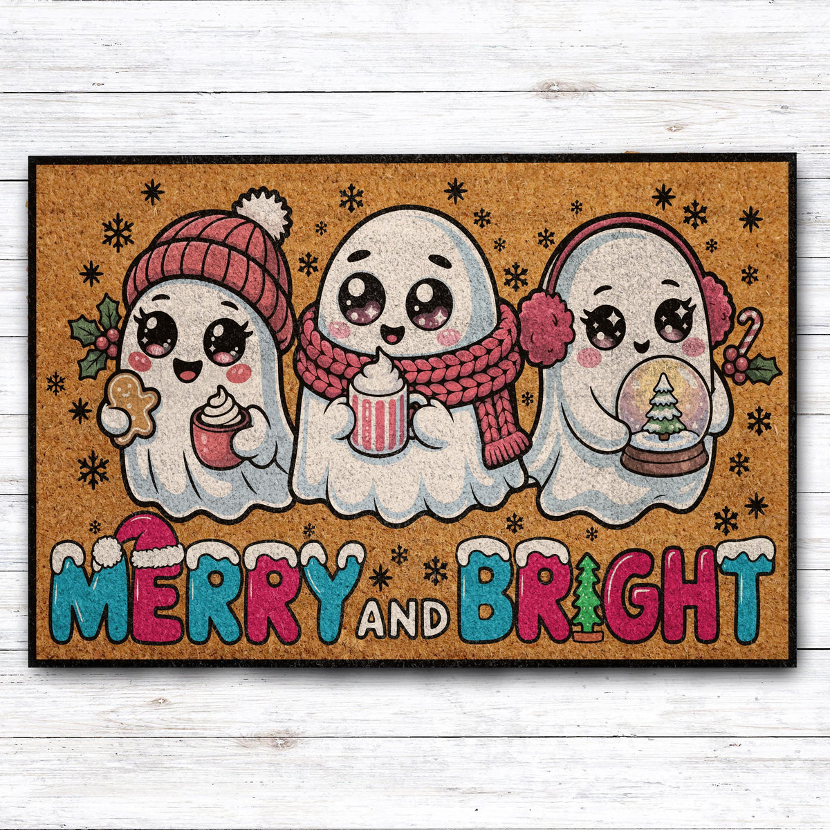 Winter Ghosts Christmas Doormat, Merry and Bright Holiday Welcome Mat
