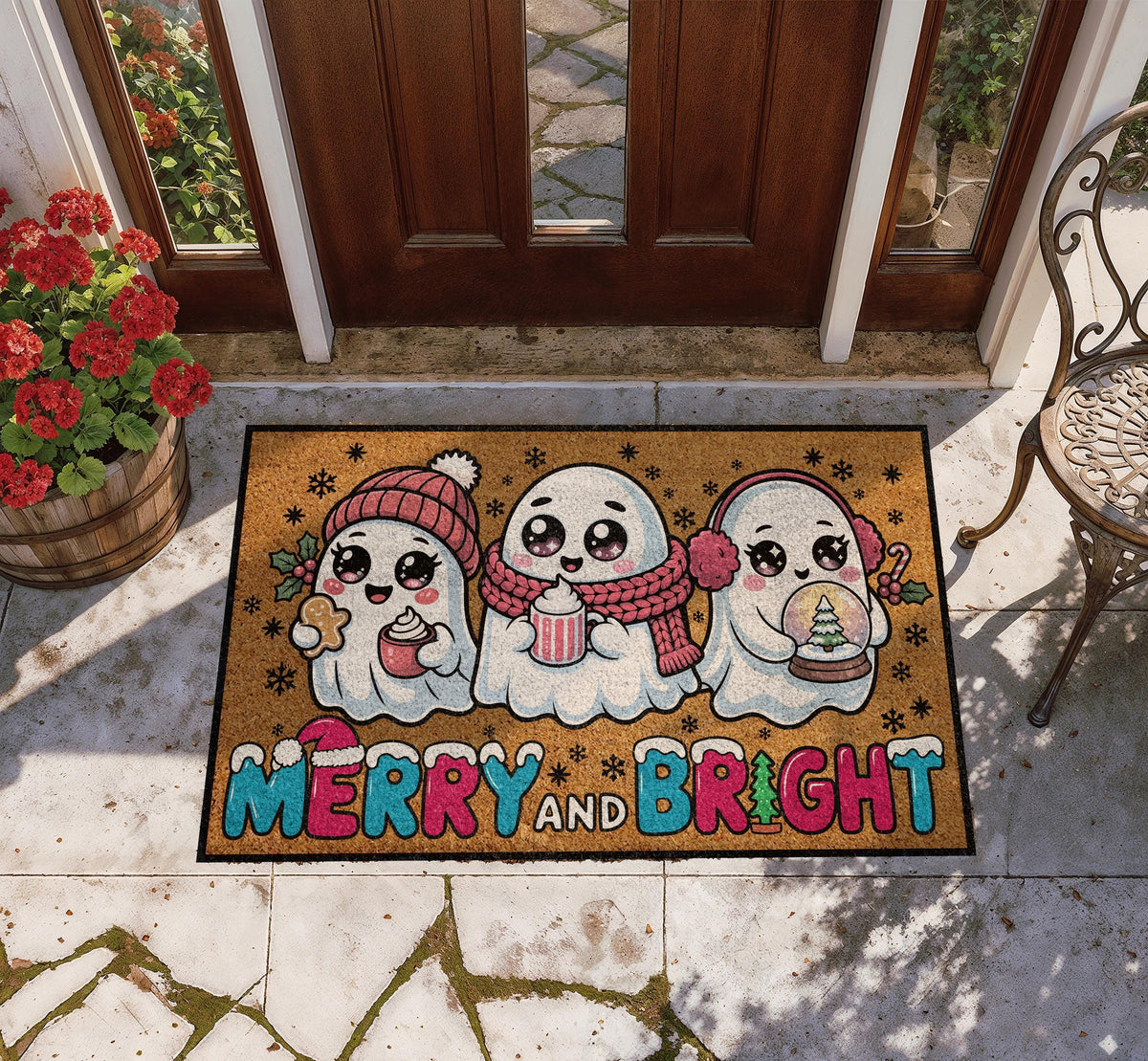 Winter Ghosts Christmas Doormat, Merry and Bright Holiday Welcome Mat