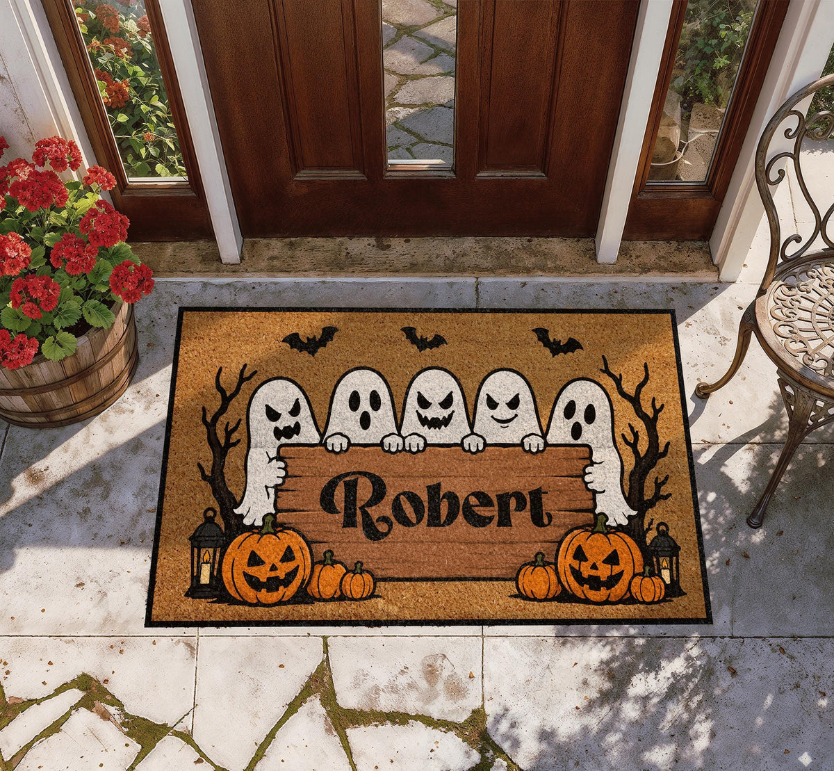 Custom Name Scary Ghosts Doormat, Personalized Trick or Treat Welcome Mat