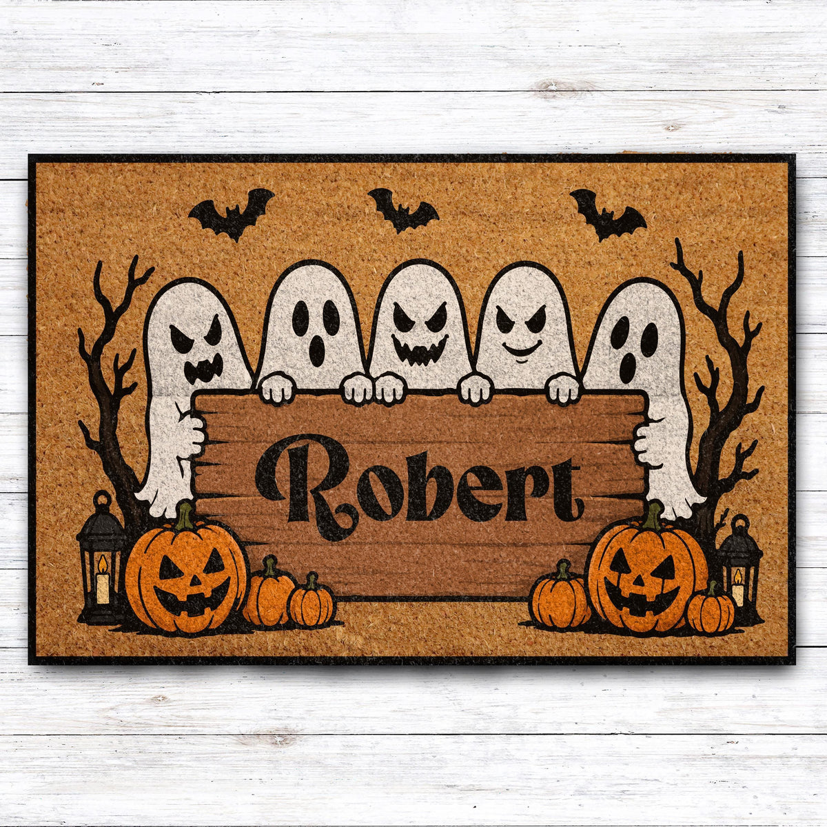 Custom Name Scary Ghosts Doormat, Personalized Trick or Treat Welcome Mat