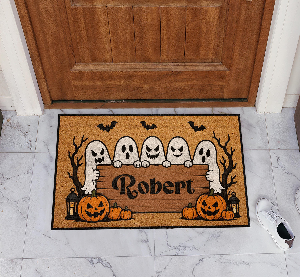 Custom Name Scary Ghosts Doormat, Personalized Trick or Treat Welcome Mat