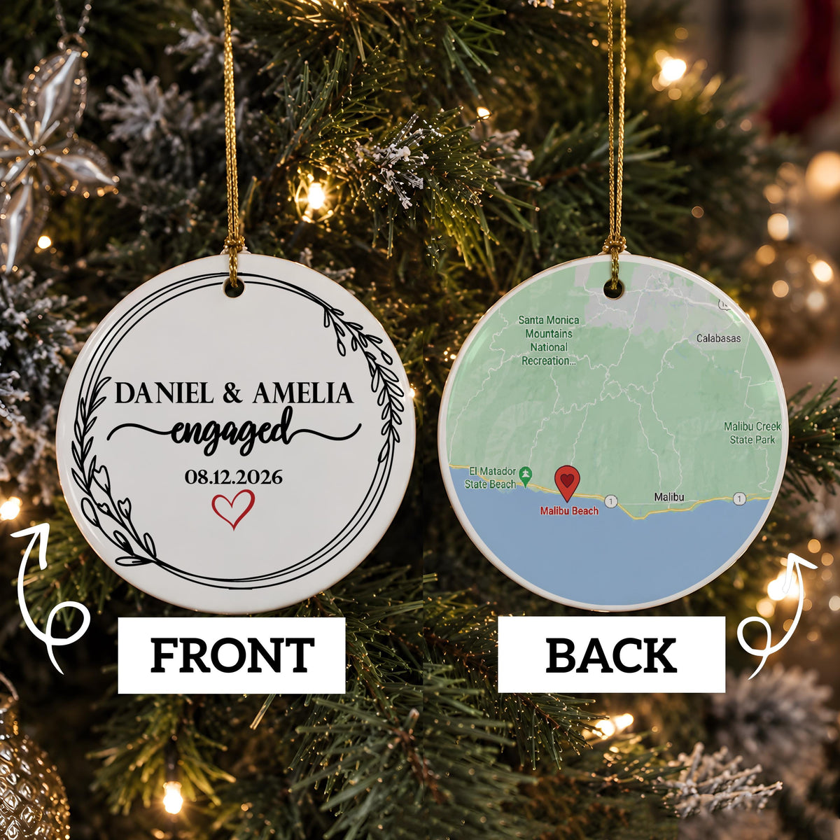 Custom Engagement Ornament, Personalized Map Keepsake, Engaged Couple Gift, First Christmas Engaged Bauble, Proposal Location Decor