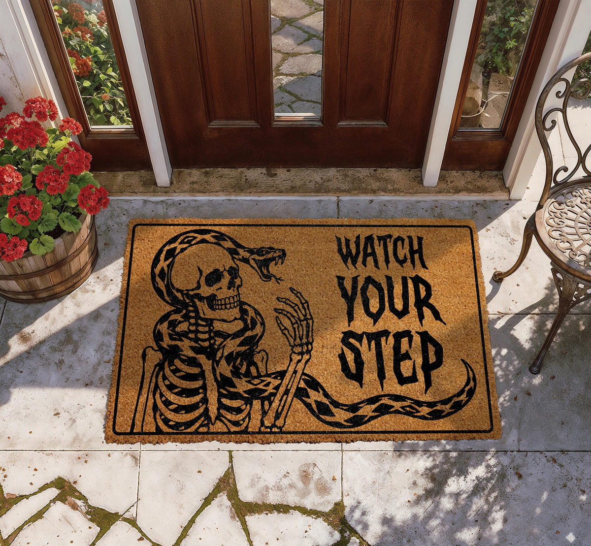 Spooky Watch Your Step Welcome Mat, Skeleton and Snake Halloween Doormat