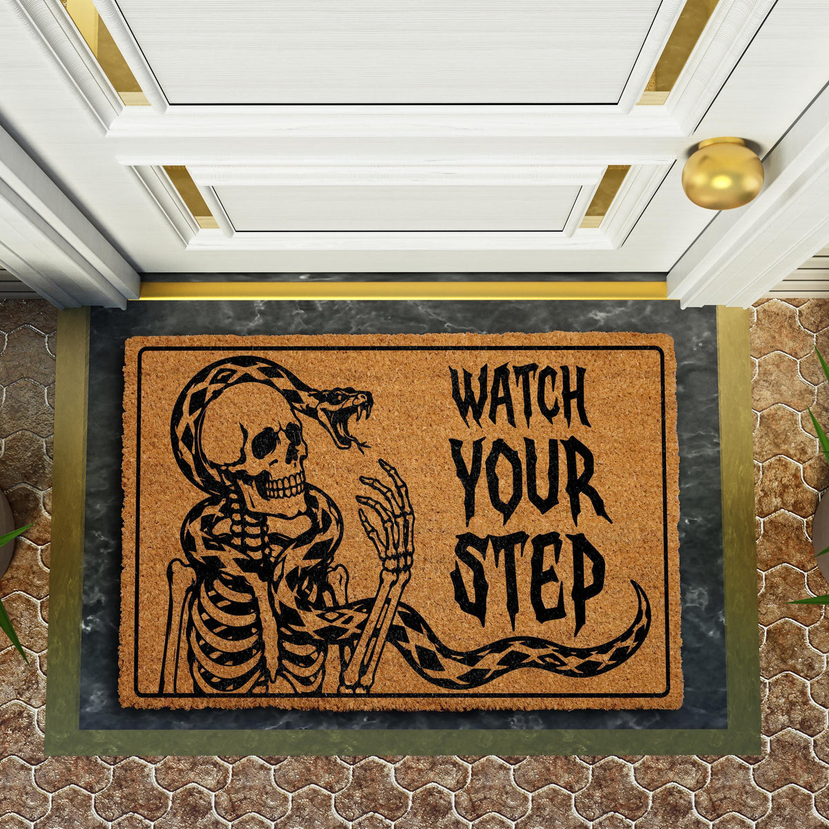 Spooky Watch Your Step Welcome Mat, Skeleton and Snake Halloween Doormat