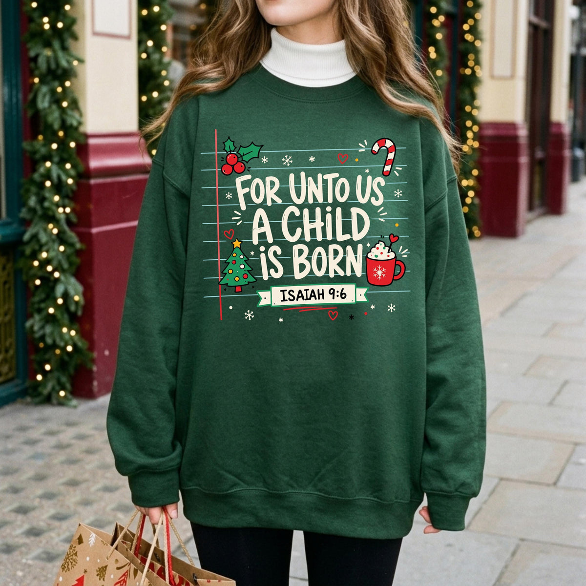 Christian Christmas Sweatshirt, For Unto Us a Child is Born Tee, Bible Verse Xmas Shirt, Religious Christmas Gift