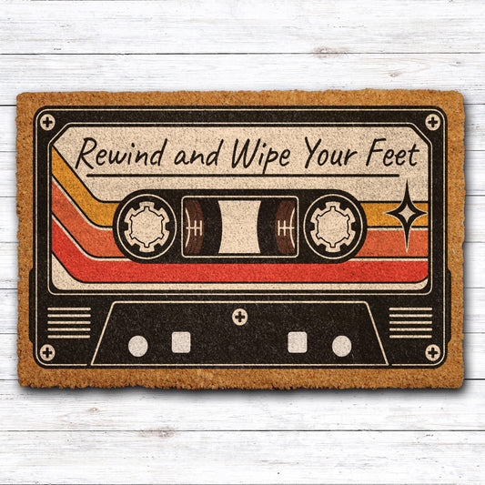 Rewind and Wipe Your Feet Doormat, Retro Cassette Tape Welcome Mat