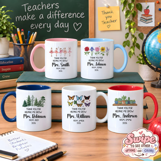 Custom Name Thank You For Helping my Grow Cup, Personalized Boho Educator Coffee Mug