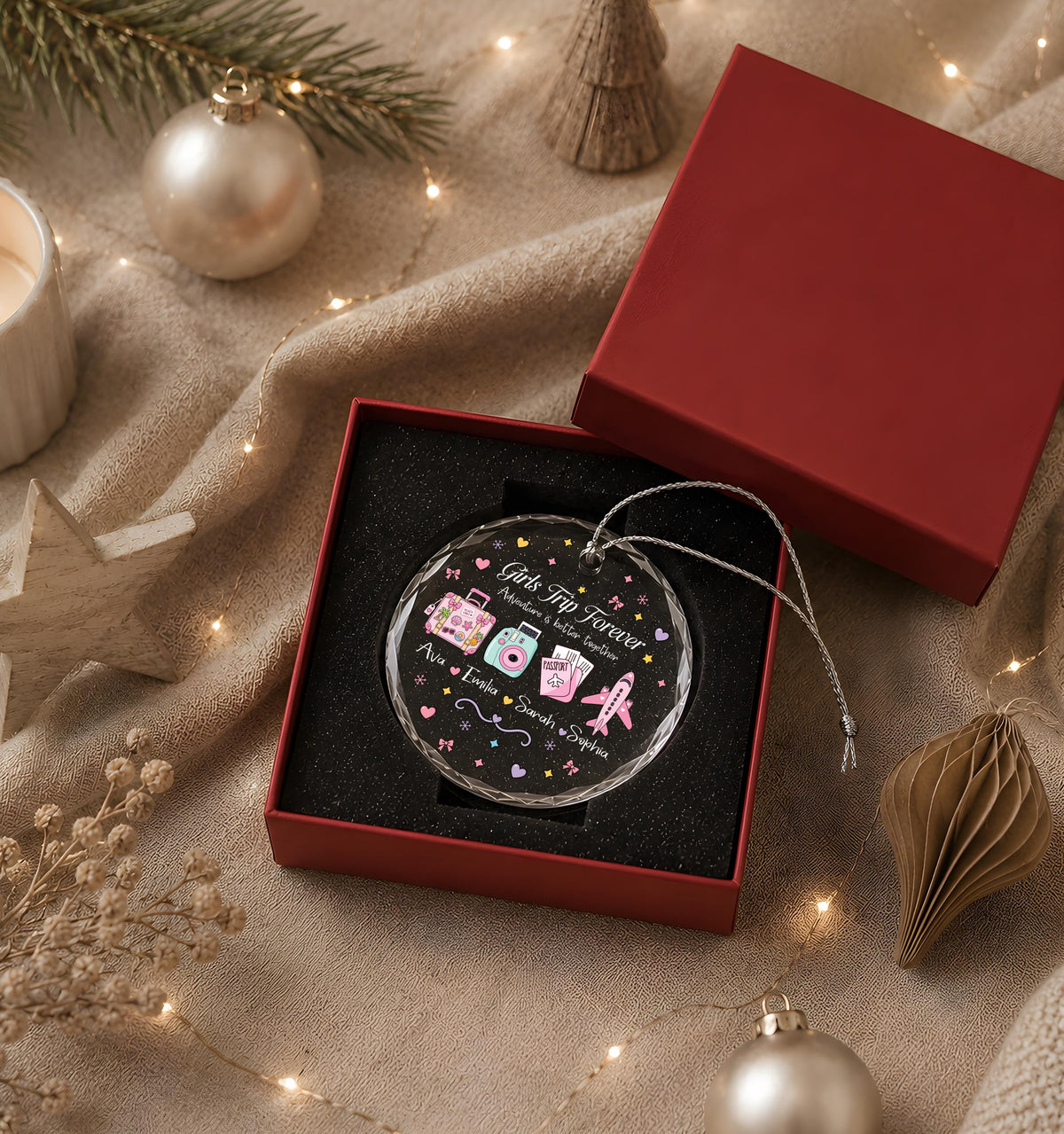 Girls Trip Crystal Glass Ornament, Custom Names, Travel Keepsake (Round or Heart)