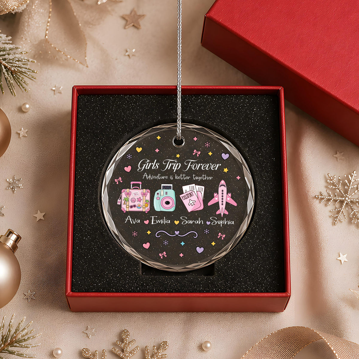 Girls Trip Crystal Glass Ornament, Custom Names, Travel Keepsake (Round or Heart)