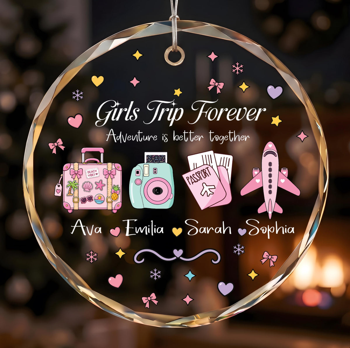 Girls Trip Crystal Glass Ornament, Custom Names, Travel Keepsake (Round or Heart)