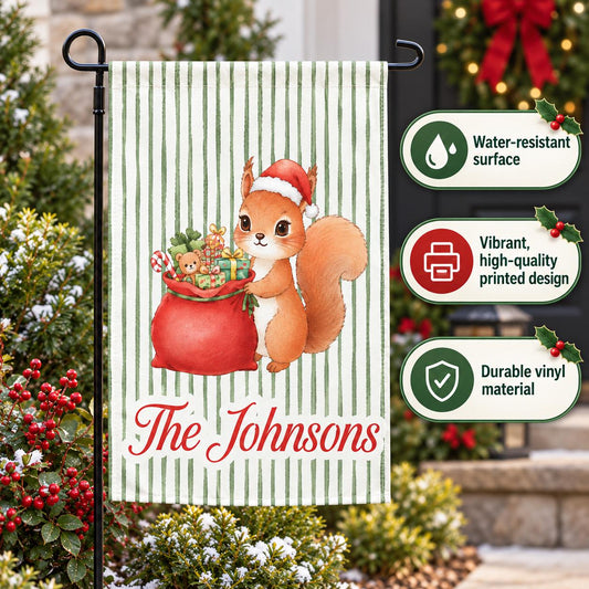 Custom Christmas Garden Flag, Squirrel with Gifts, Personalized Family Name (Vinyl)