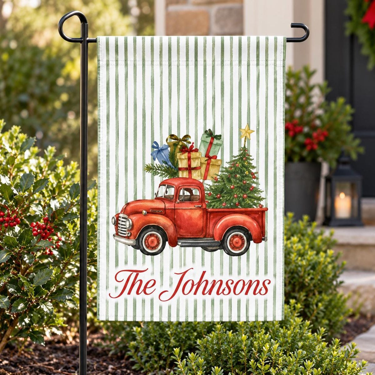 Custom Christmas Garden Flag, Squirrel with Gifts, Personalized Family Name (Vinyl)