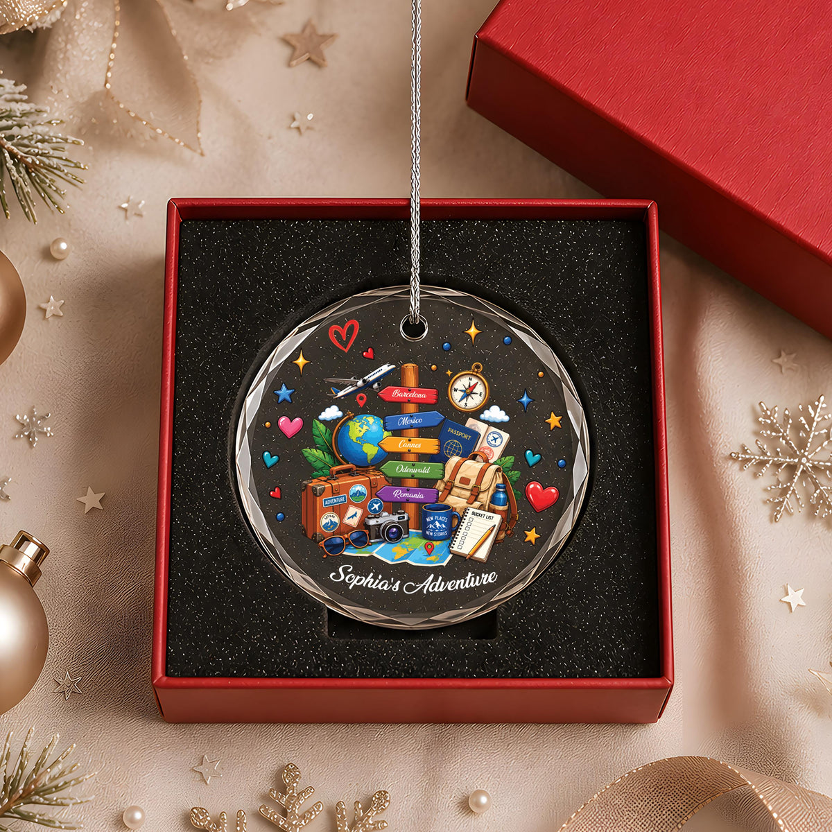 Personalized Travel Ornament, Custom Name World Explorer Glass Keepsake (Round or Heart)
