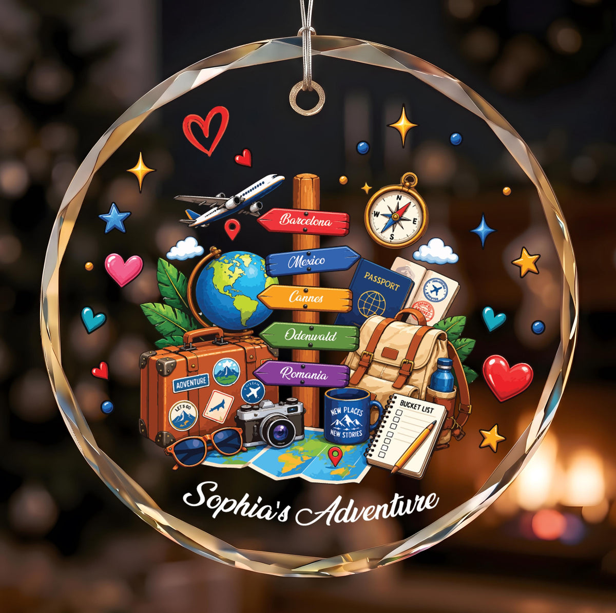 Personalized Travel Ornament, Custom Name World Explorer Glass Keepsake (Round or Heart)