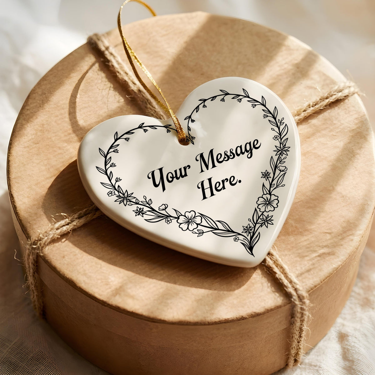 Personalized Ceramic Heart Ornament, Floral Border, Custom Message (2.75-inch)