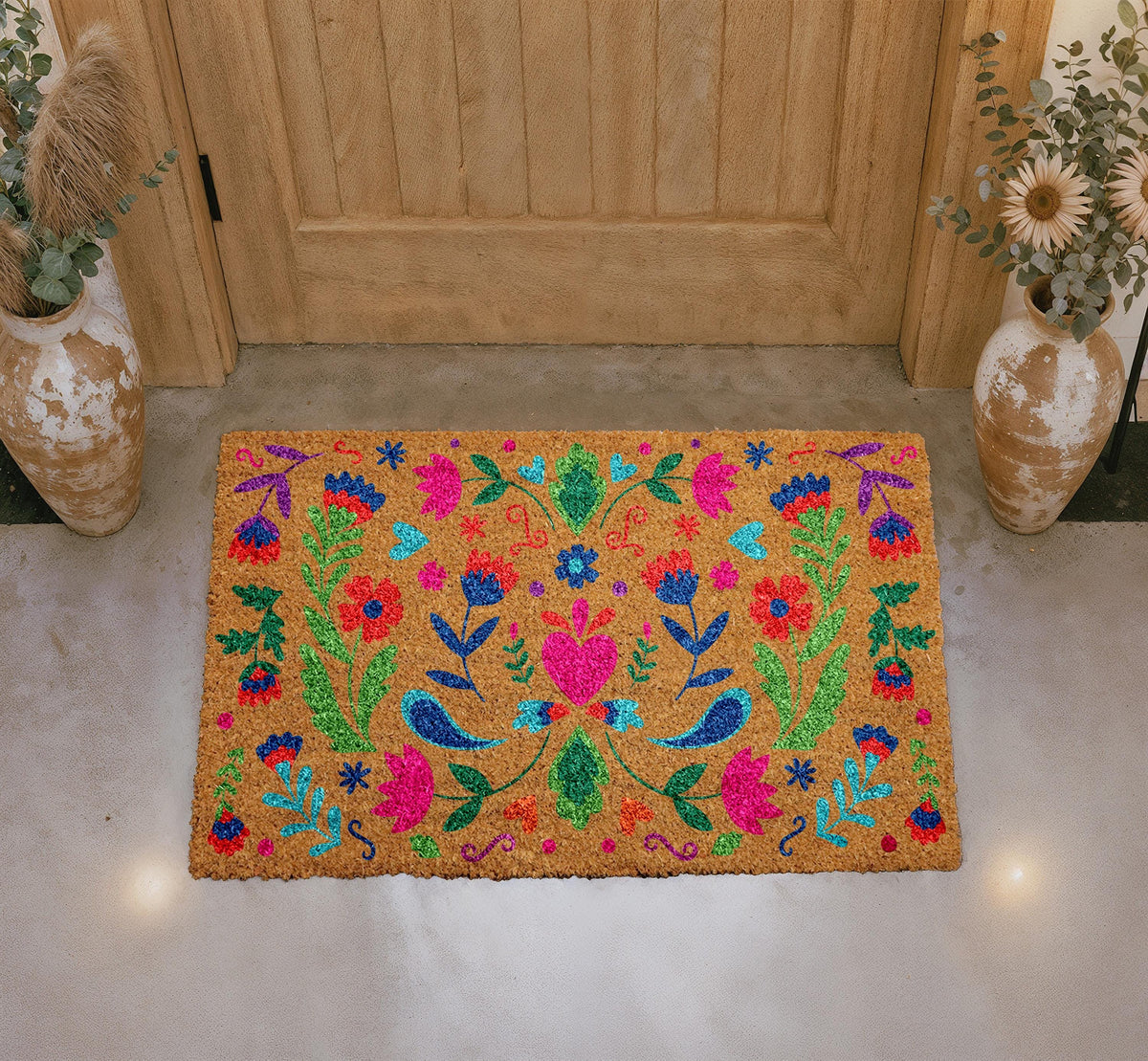 Boho Colorful Floral Folk Art Doormat, Vibrant Botanical Coir Welcome Door Mat