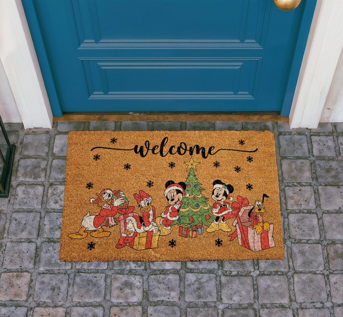 Magical Christmas Welcome Doormat, Retro Cartoon Holiday Porch Decor, Winter Front Door Coir Mat, Cute Characters Christmas Tree Rug