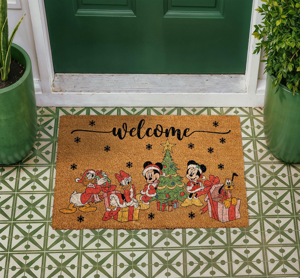Magical Christmas Welcome Doormat, Retro Cartoon Holiday Porch Decor, Winter Front Door Coir Mat, Cute Characters Christmas Tree Rug