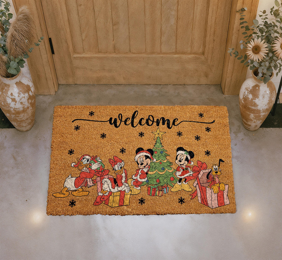 Magical Christmas Welcome Doormat, Retro Cartoon Holiday Porch Decor, Winter Front Door Coir Mat, Cute Characters Christmas Tree Rug