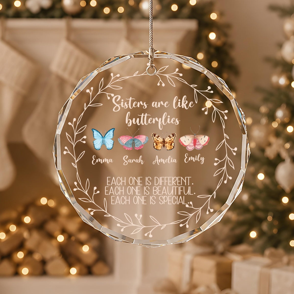 Custom Crystal Glass Ornament, Personalized Butterfly Sisters Gift (Round or Heart)