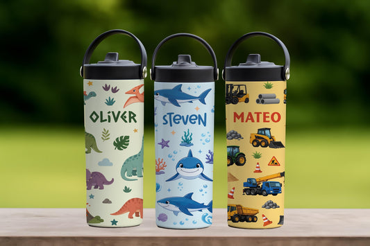 Personalized Kids Water Bottle with Straw, Construction Dinosaur Shark Toddler Tumbler