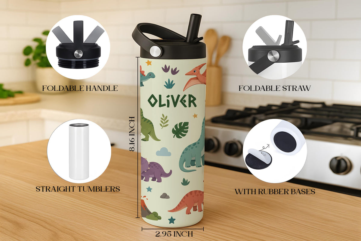 Personalized Kids Water Bottle with Straw, Construction Dinosaur Shark Toddler Tumbler