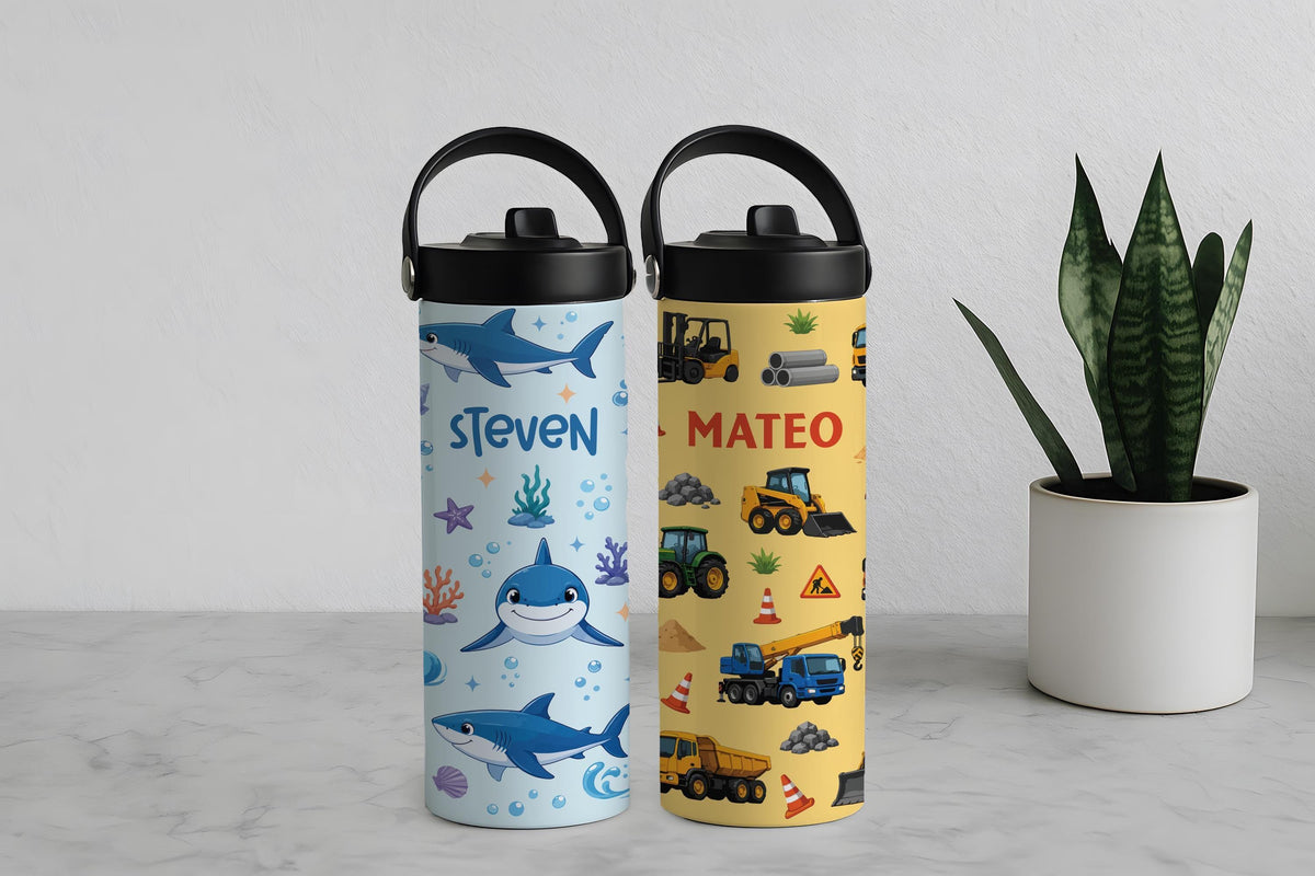 Personalized Kids Water Bottle with Straw, Construction Dinosaur Shark Toddler Tumbler