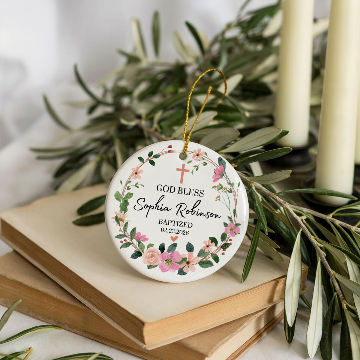 Personalized Floral Cross Baptized Ornament, Custom Name & Date Baby Blessing Keepsake