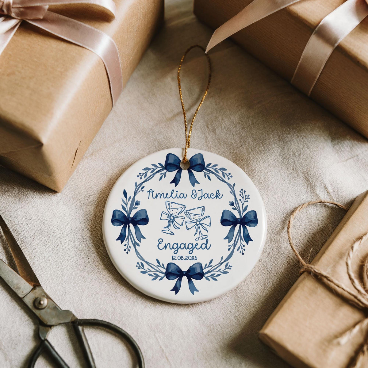 Custom Name Ceramic Engaged Ornament 2026, Cute Blue Bow Ribbon Engagement Keepsake