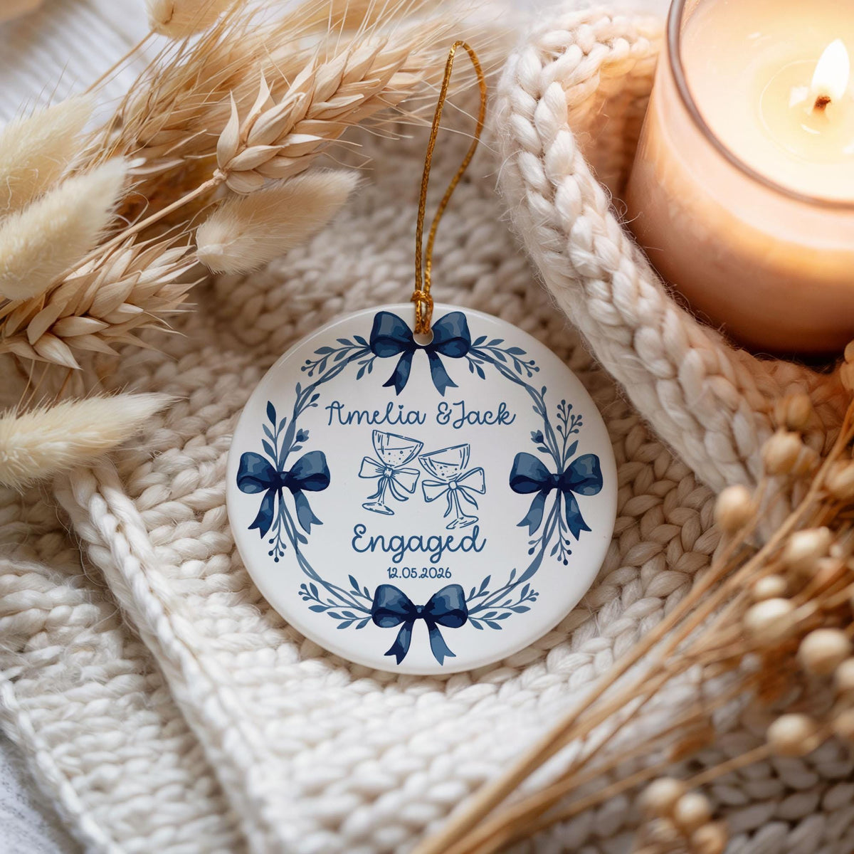 Custom Name Ceramic Engaged Ornament 2026, Cute Blue Bow Ribbon Engagement Keepsake