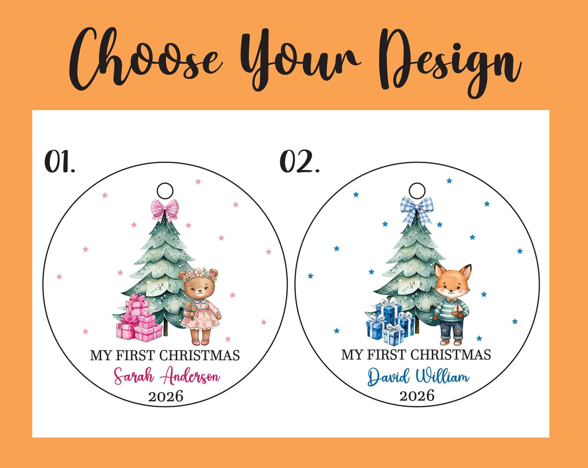 Personalized Baby First Christmas Ornament, Custom Name Teddy Bear Fox Holiday Keepsake