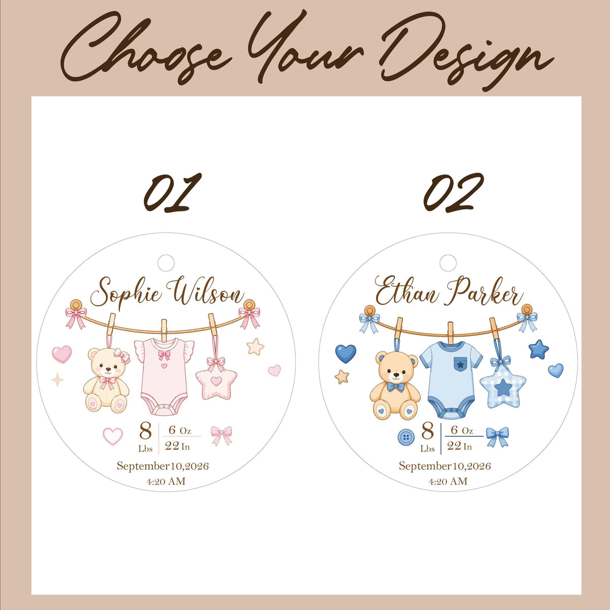 Personalized Boy - Girl Birth Stats Ceramic Ornament, Custom New Born Nursery Decoration