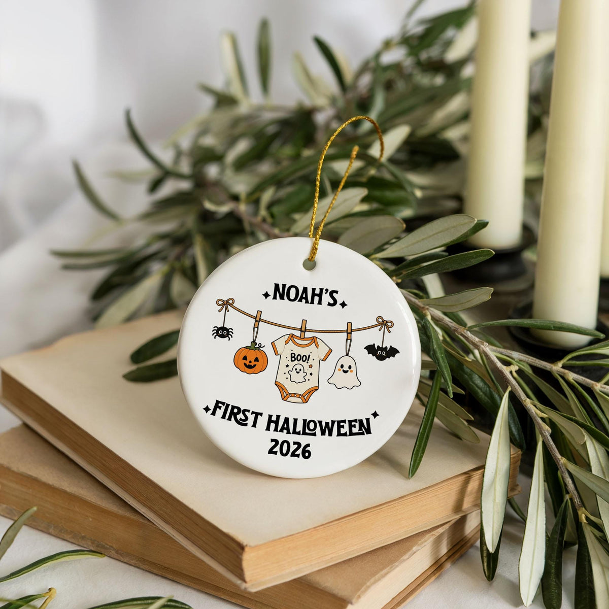 Custom Name Baby First Halloween Ornament, Personalized Spooky Baby Clothesline Keepsake