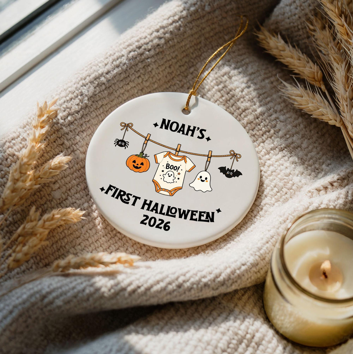 Custom Name Baby First Halloween Ornament, Personalized Spooky Baby Clothesline Keepsake