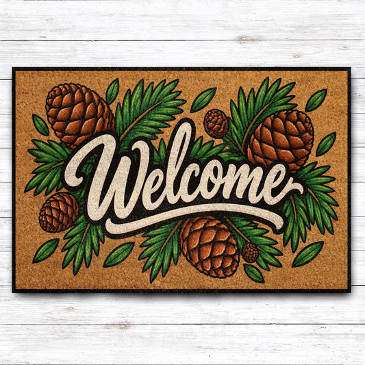 Rustic Pinecone Welcome Mat, Nature Inspired Winter Doormat, Woodland Cabin Entryway Decor
