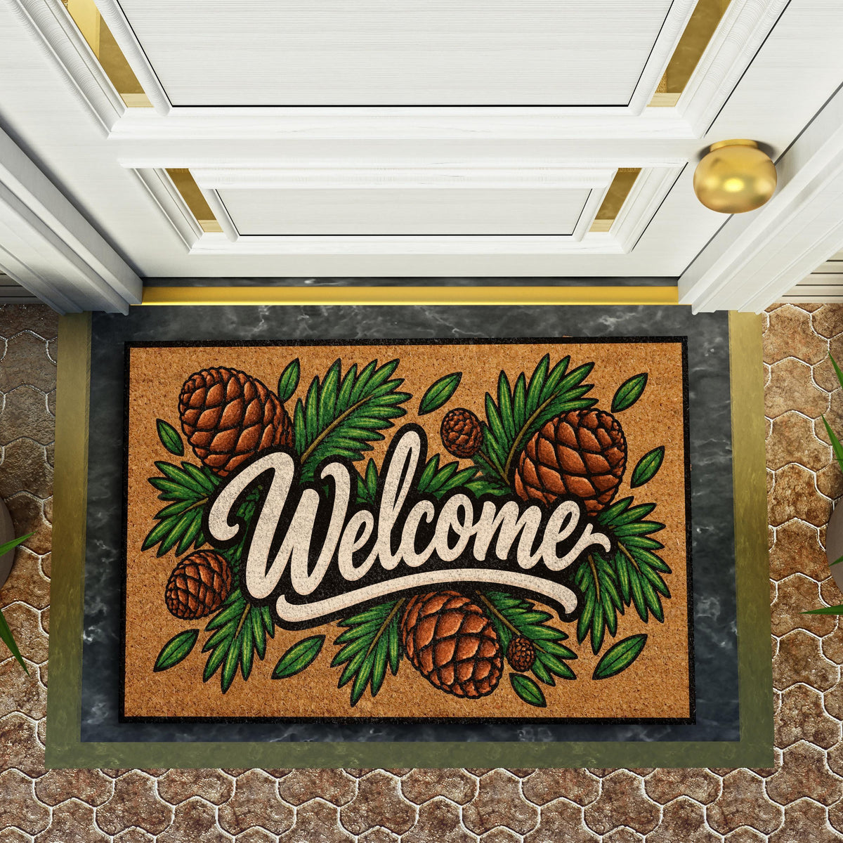 Rustic Pinecone Welcome Mat, Nature Inspired Winter Doormat, Woodland Cabin Entryway Decor