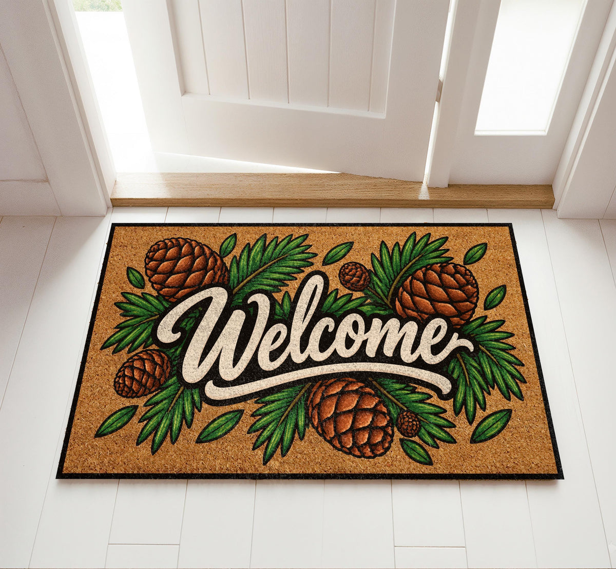 Rustic Pinecone Welcome Mat, Nature Inspired Winter Doormat, Woodland Cabin Entryway Decor
