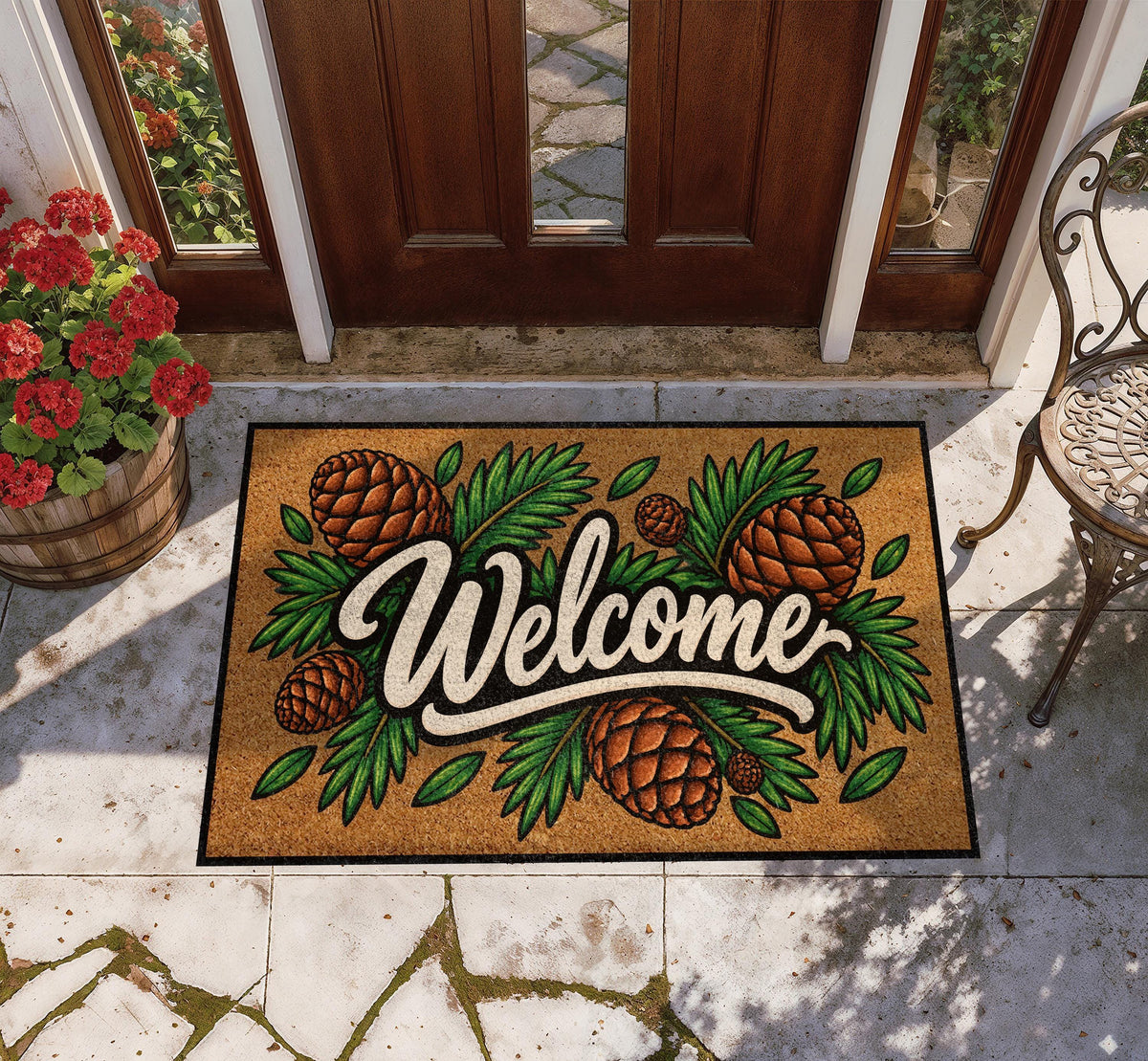 Rustic Pinecone Welcome Mat, Nature Inspired Winter Doormat, Woodland Cabin Entryway Decor