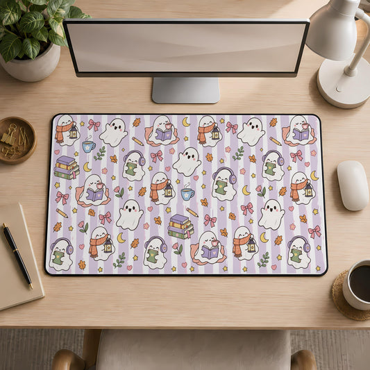 Reading Ghost Halloween Desk Mat, Bookish Mousepad, Book Lover Halloween Gift