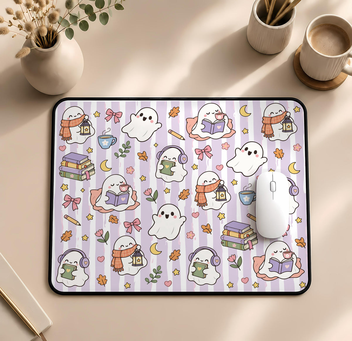 Reading Ghost Halloween Desk Mat, Bookish Mousepad, Book Lover Halloween Gift