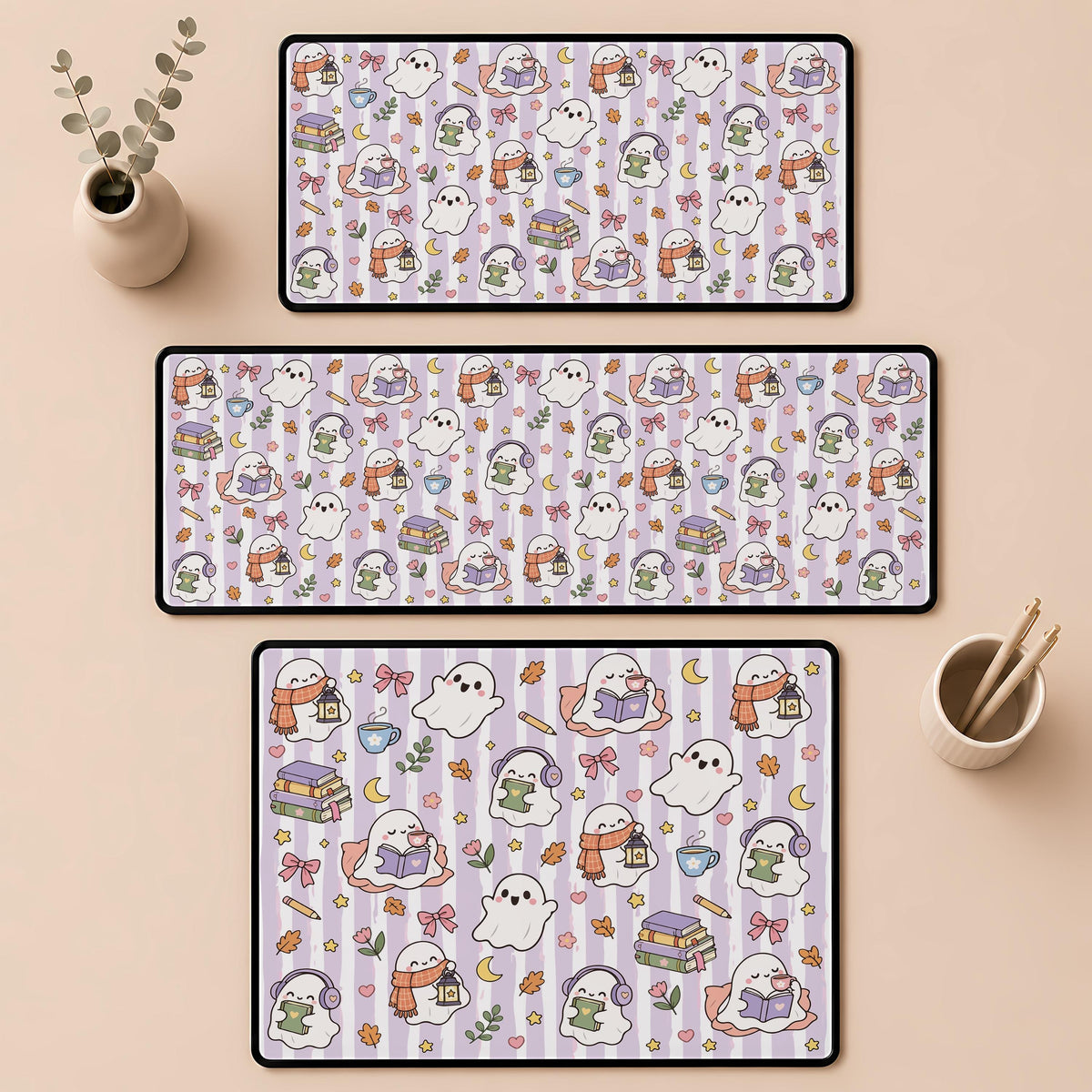 Reading Ghost Halloween Desk Mat, Bookish Mousepad, Book Lover Halloween Gift