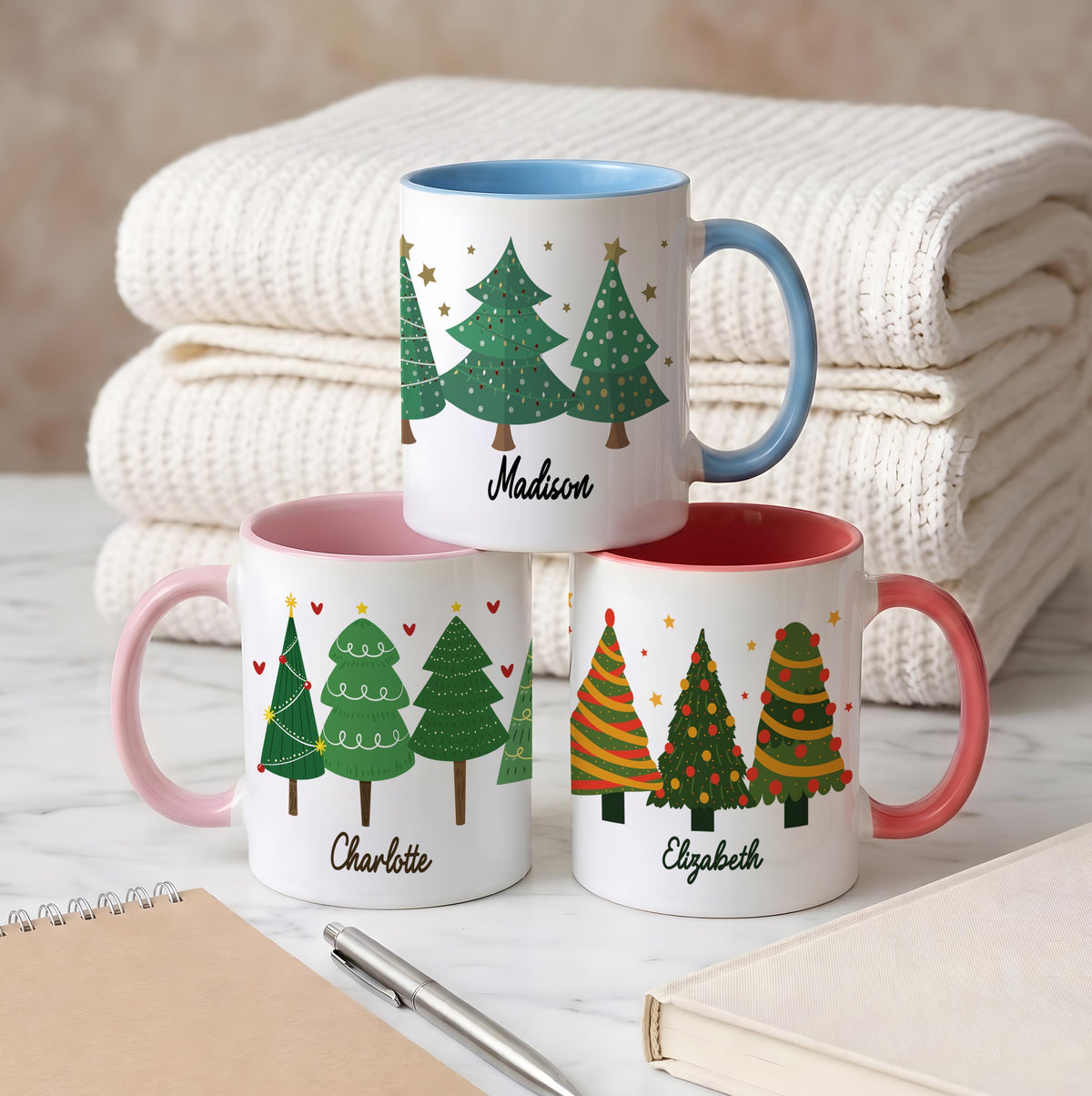 Custom Name Christmas Tree Pattern Mug, Secret Santa Gift, Holiday Coffee Cup