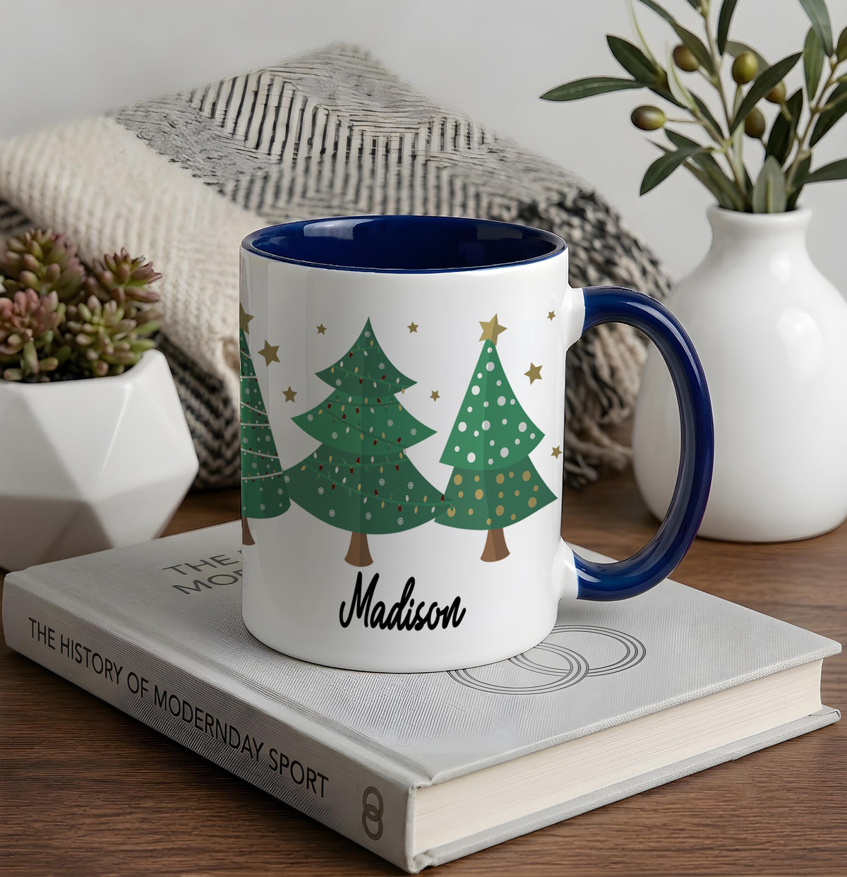 Custom Name Christmas Tree Pattern Mug, Secret Santa Gift, Holiday Coffee Cup