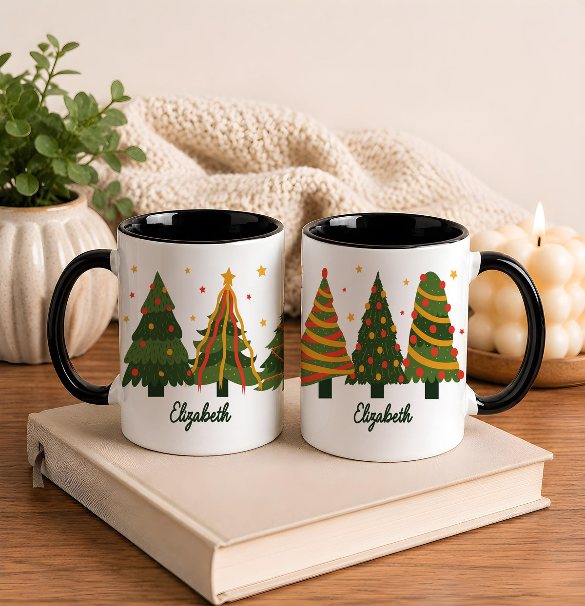 Custom Name Christmas Tree Pattern Mug, Secret Santa Gift, Holiday Coffee Cup
