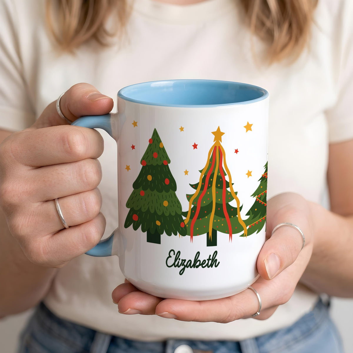 Custom Name Christmas Tree Pattern Mug, Secret Santa Gift, Holiday Coffee Cup