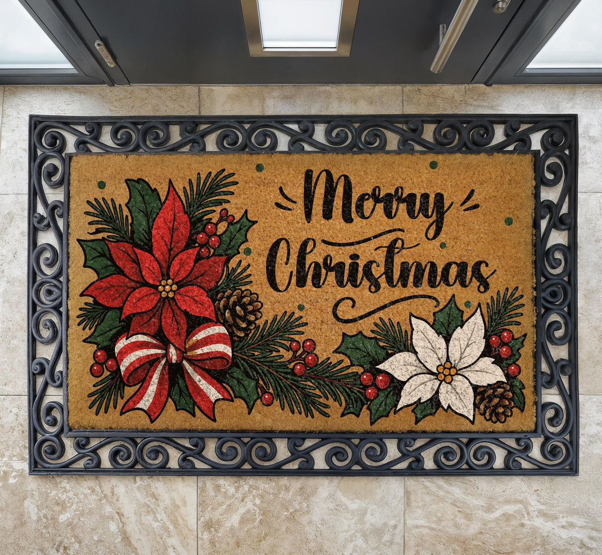 Merry Christmas Coir Doormat, Poinsettia Welcome Mat, Holiday Porch Decor